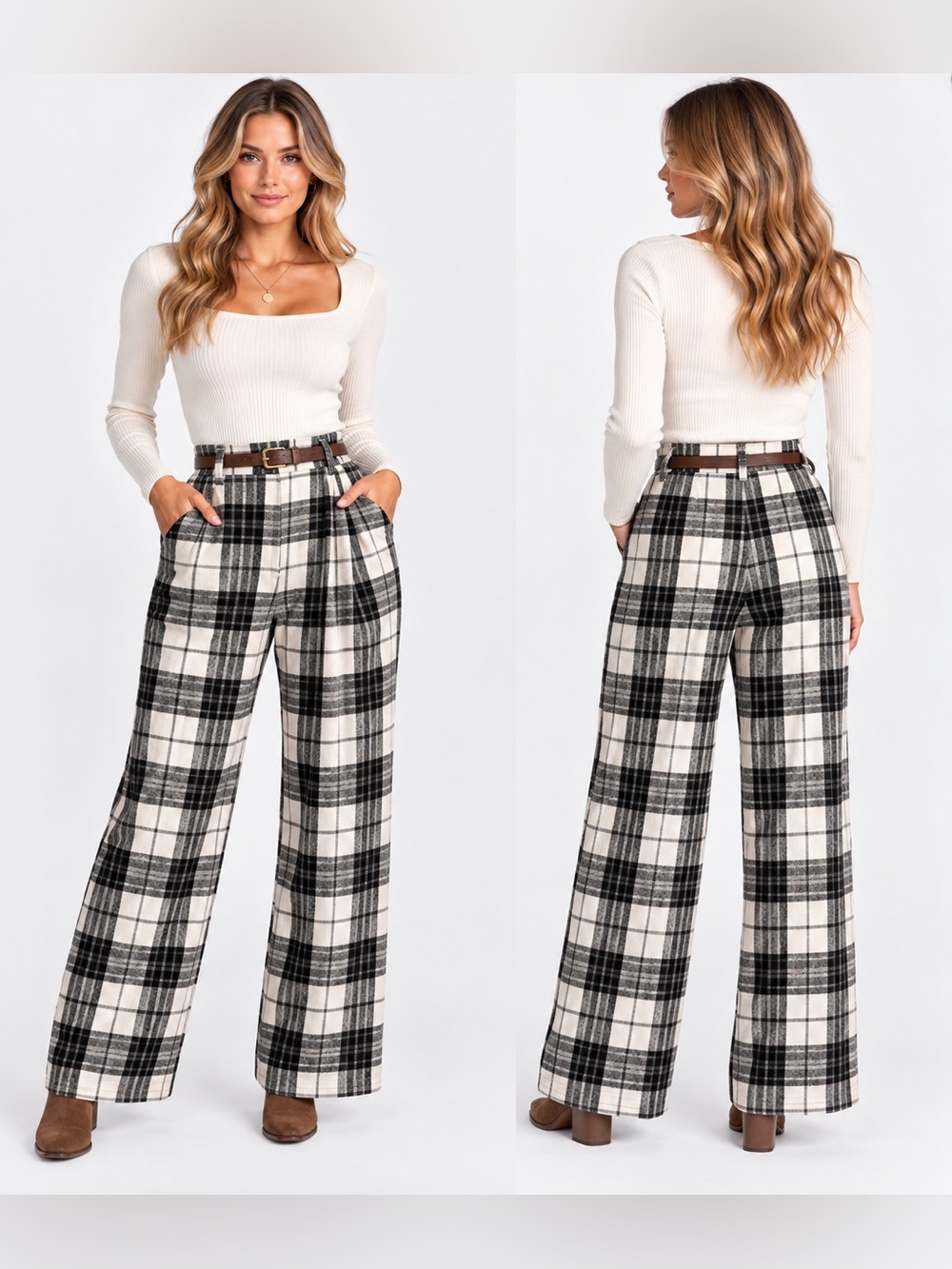 CIDER Plaid Wide Leg Pants in Black & White Size XS NWT